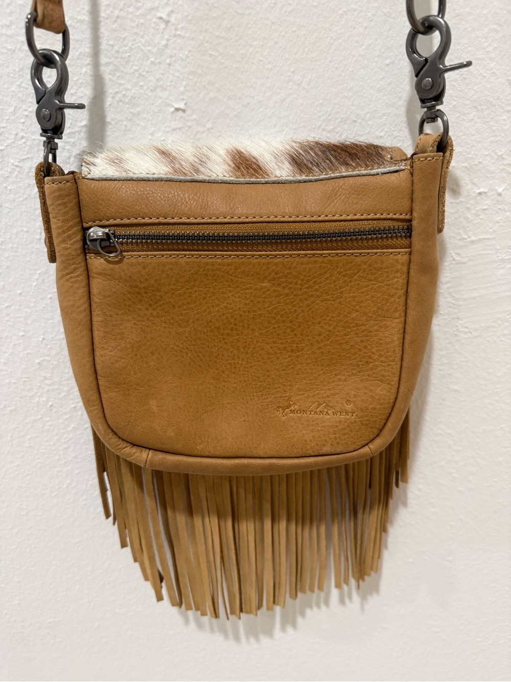 Montana West Fringe Cowhide Crossbody Bag in Brown and White - Picture 10 of 10